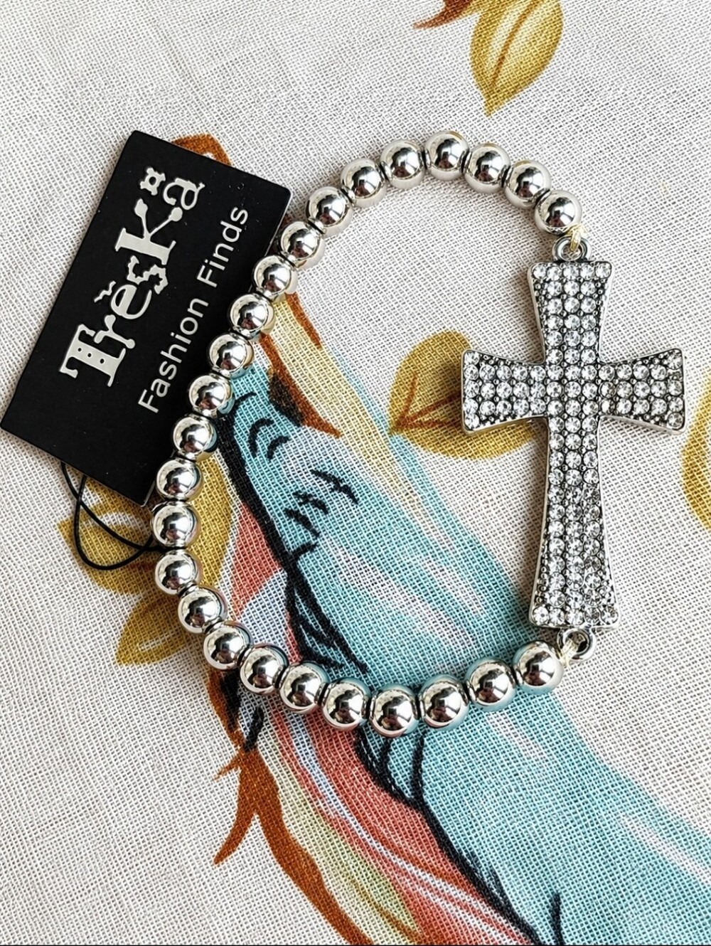 Treska Silver Beaded Bracelet with Pave Cross Charm